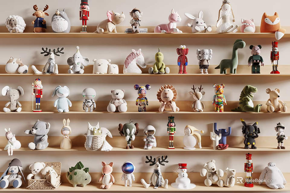 Variety Of Plush Toys Displayed On Shelves 3d model 