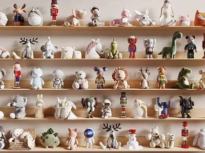 Variety Of Plush Toys Displayed On Shelves 3d model