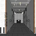 Modern Elevator Hallway Interior With Decorative Sculptures Ceiling Lighting And Concrete Floor