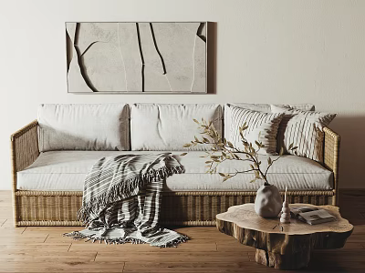 Wicker Three-Seater Sofa With Gray Cushions Blanket Wooden Stump Side Table Vase And Abstract Painting 3d model