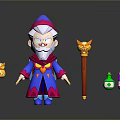 Woman Wizard Character With Magic Staff Potion Bottles And Small Statues