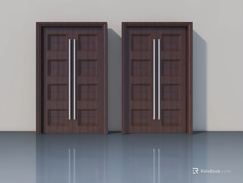 Modern Dark Brown Swing Doors Featuring Rectangular Panels And Silver Long Handles 3d model