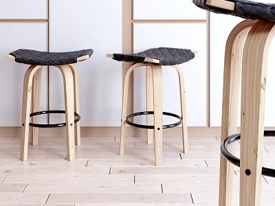 Modern Wooden Bar Stools with Black Padded Seats and Metal Footrests 3d model