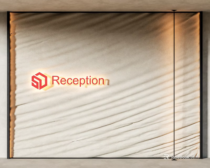 Modern Reception Interior Wall Design With Sand Texture And Red Logo 3d model