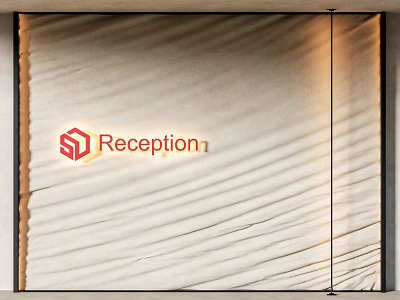 Modern Reception Interior Wall Design With Sand Texture And Red Logo 3d model