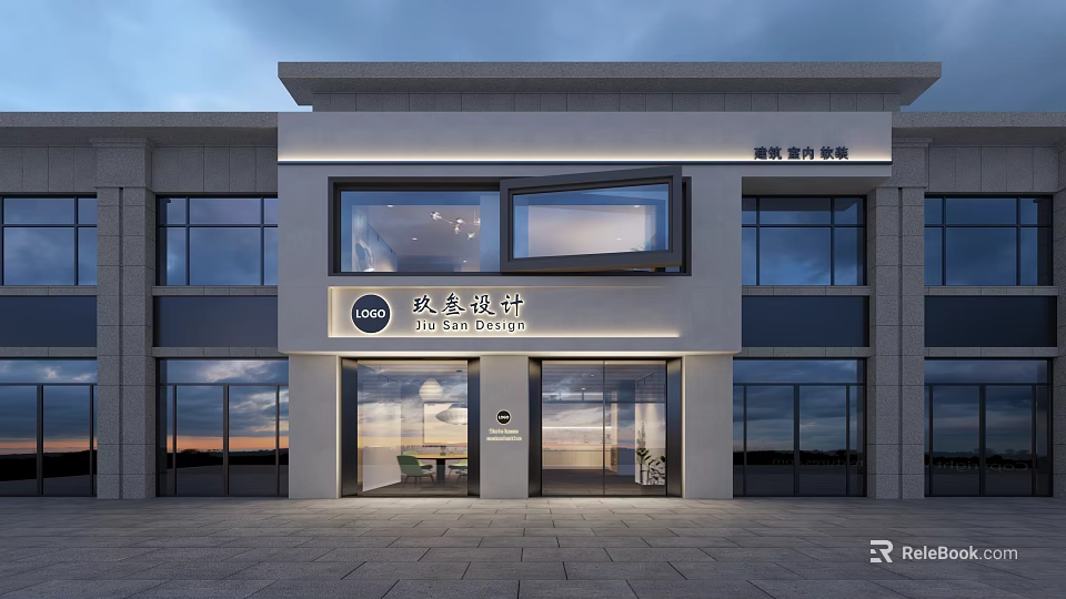 Modern Design Studio Facade With Glass Doors Large Windows And Illuminated Logo Signage 3d model 