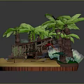Tropical Island Scene With Palm Trees Wooden Hut Sandy Beach And Tools