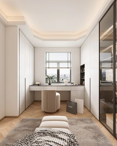 Minimalist Walk In Closet With White Cabinetry Window Desk And Decor 3d model