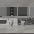 Modern Bathroom Set Design With Wall Mounted Cabinets Double Vanities Large Mirrors And Potted Plants