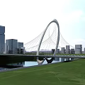 Modern Arch Landscape Bridge Over Water in Urban Area with Skyscrapers and Greenery
