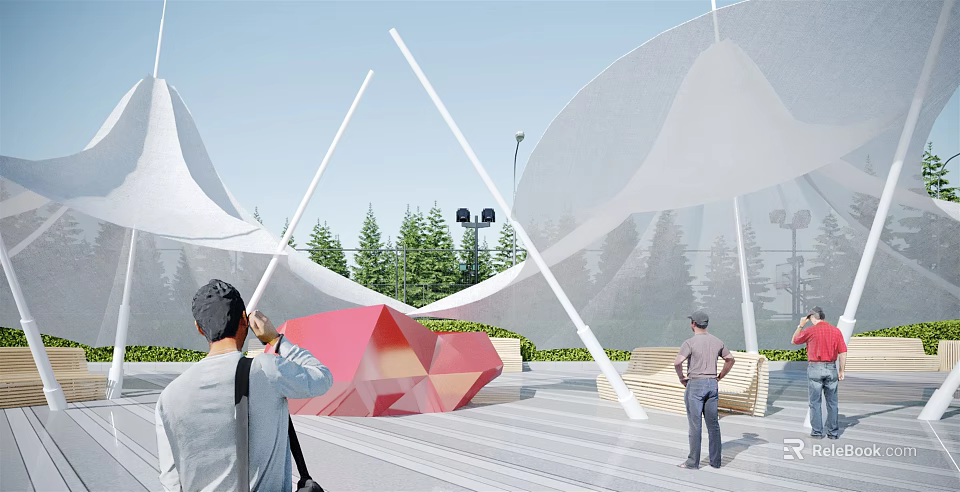 Modern White Tensile Membrane Structure In Outdoor Plaza With Trees And People 3d model 