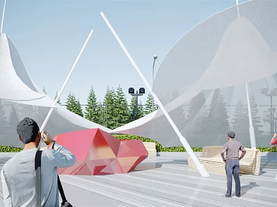 Modern White Tensile Membrane Structure In Outdoor Plaza With Trees And People 3d model