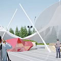 Modern White Tensile Membrane Structure In Outdoor Plaza With Trees And People