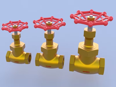 Multiple Plumbing Pipe Valves Featuring Golden Bodies And Red Wheel Handles 3d model