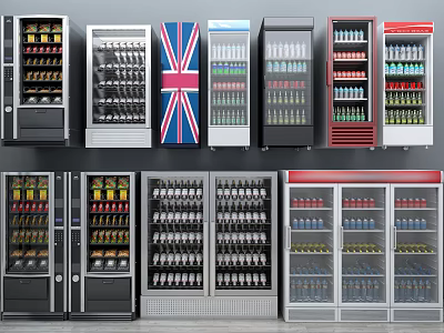 Assorted Commercial Refrigerators And Freezers Displaying Various Beverages In Retail Setting 3d model