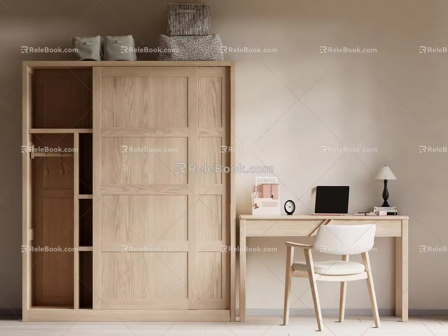 Log-style wardrobe desk and chair 3d model