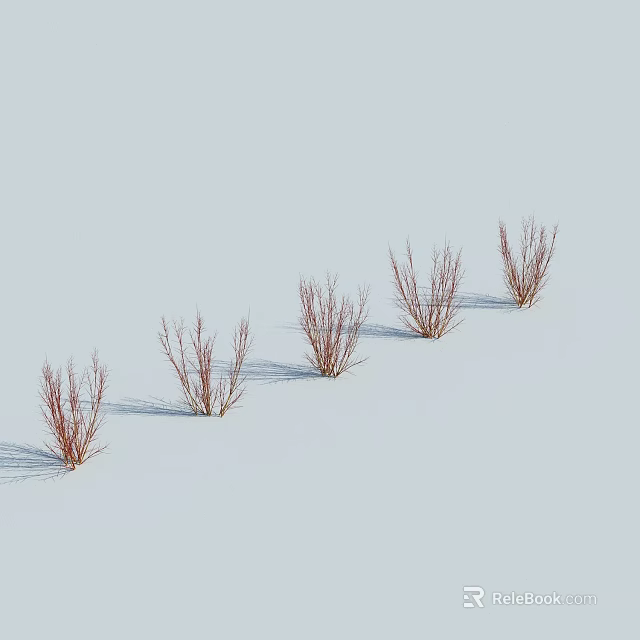 Red Shrubs With Slender Branches In A Row On Snowy Ground And Light Blue Sky 3d model 