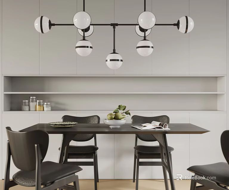 Modern Spherical Glass Pendant Light in Dining Room with Wooden Table Chairs and White Cabinets 3d model 