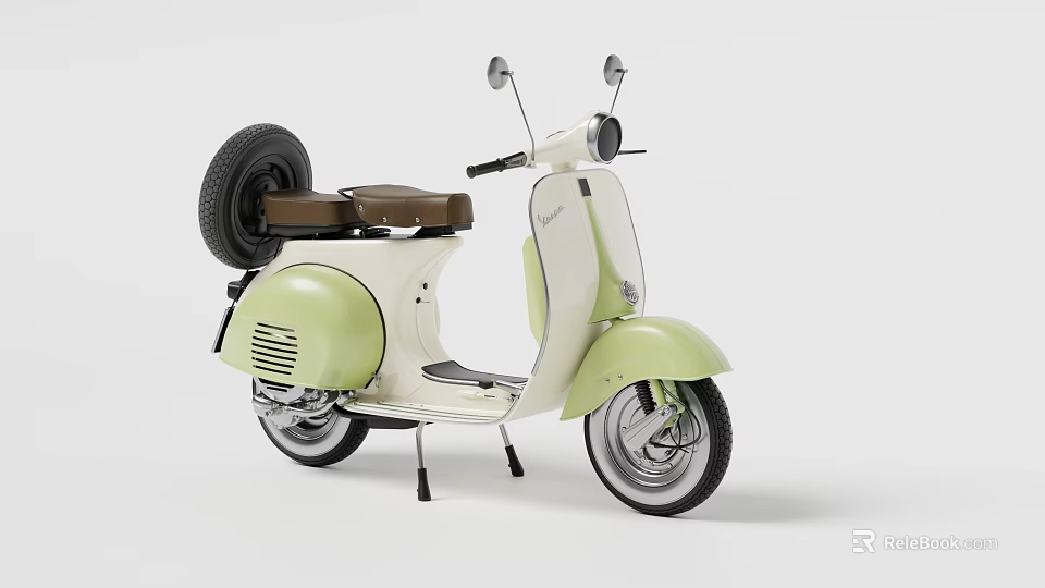 Vintage Green And White Scooter With Brown Seat And Rear Spare Tire 3d model 