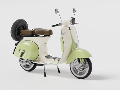 Vintage Green And White Scooter With Brown Seat And Rear Spare Tire 3d model