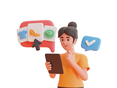 Woman Using Tablet with Clothing Shoe and Green Product Icons Selecting Items Online 3d model