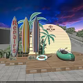 Repairs Sign With Surfboards Palm Trees And Small Boat On Wooden Pallet Platform At Sunset
