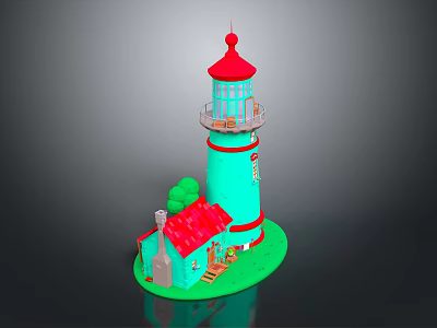 Scenic Green Lighthouse with Red Roof and Small House on Green Base Landscape 3d model