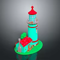 Scenic Green Lighthouse with Red Roof and Small House on Green Base Landscape