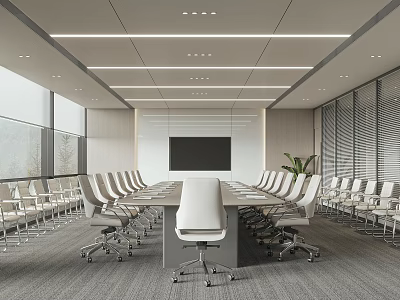Modern Conference Room With Long Table White Chairs Large Windows And Ceiling Light Strips 3d model