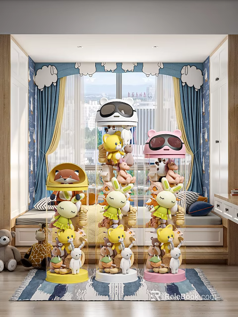 Multiple Colorful Stuffed Toys With Sunglasses And Cute Designs On Display Shelves In Kids Room 3d model 