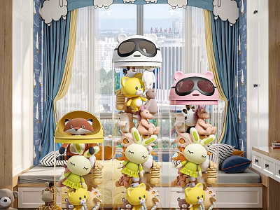 Multiple Colorful Stuffed Toys With Sunglasses And Cute Designs On Display Shelves In Kids Room 3d model