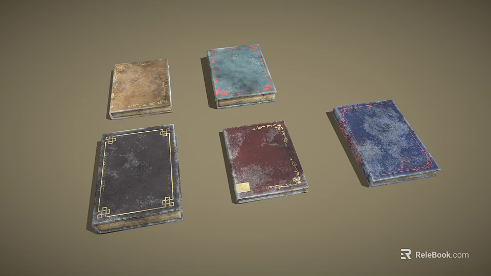 Vintage Old Books With Various Colors And Textures On Brown Background 3d model 