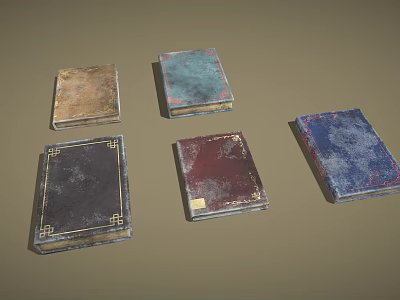 Vintage Old Books With Various Colors And Textures On Brown Background 3d model