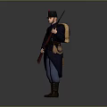 Man in Military Uniform Holding Rifle with Hat Long Coat Blue Pants and Brown Boots