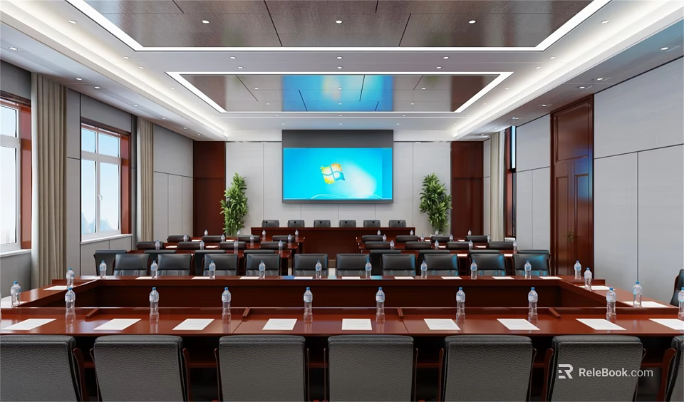 Modern Conference Room With Large Screen Windows Logo Long Tables Chairs And Green Plants 3d model 