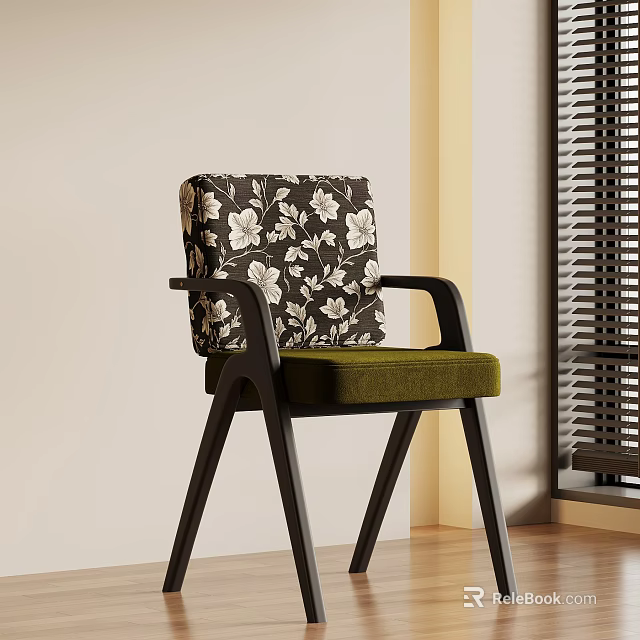 Modern Dining Chair With Floral Pattern Backrest Green Velvet Seat And Wooden Frame 3d model 