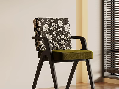 Modern Dining Chair With Floral Pattern Backrest Green Velvet Seat And Wooden Frame 3d model