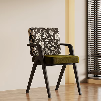 Modern Dining Chair With Floral Pattern Backrest Green Velvet Seat And Wooden Frame 3d model
