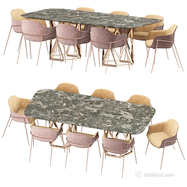Modern Dining Table and Chairs Set with Marble Surface and Metal Legs 3d model