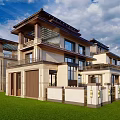 New Chinese Style Townhouse with Multi Story Design Balconies Large Windows and Courtyard Lawn