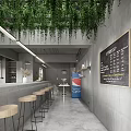 Modern Restaurant Interior Featuring Open Kitchen Long Concrete Bar Counter Stools Pendant Lights And Plants