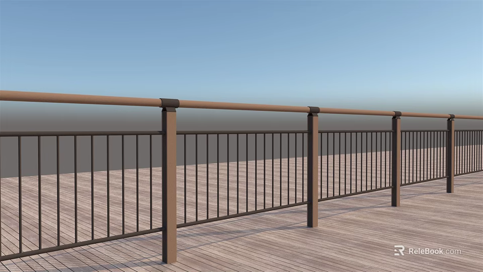 Outdoor Wooden Deck Railing With Brown Posts And Black Metal Bars 3d model 