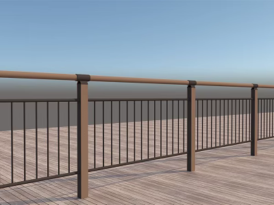 Outdoor Wooden Deck Railing With Brown Posts And Black Metal Bars 3d model