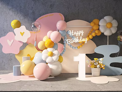 Colorful First Birthday Party Decorations With Balloons Happy Birthday Banner And Flower Shapes 3d model