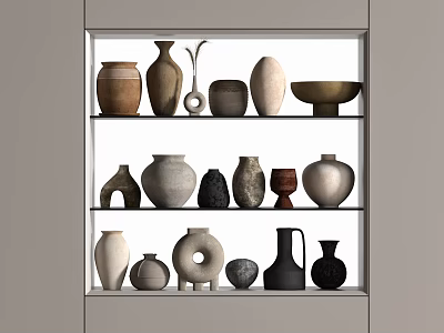 Ceramic Vessels Collection Displayed On Shelves With Various Shapes And Neutral Tones 3d model