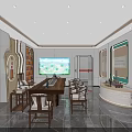 Elegant Store Front Desk With Long Table Chairs Decorative Shelves Large Screen And Window View