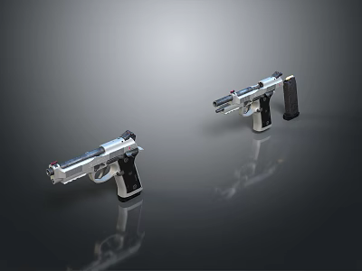 Handgun Weapon With Silver Finish And Black Grips On Reflective Surface 3d model
