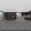 Modern Open Concept Dining Room Living Area With Pendant Lights Dining Table Chairs And Cabinets