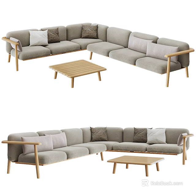 Light Gray Sectional Sofa With Wooden Frame And Matching Coffee Table 3d model