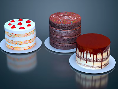 Different Types of Delicious Cakes with Strawberry Topping Chocolate Layers and Drizzle 3d model